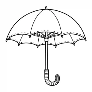 דף צביעה באמנות קווים שחורה המתאר מטריה גדולה ופתוחה עם ידית מעוקלת ותפרים מפורטים, מתאים לספר צביעה להדפסה.