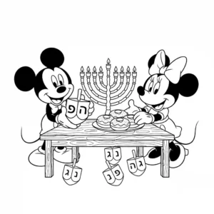 דף צביעה בקווי מתאר (שחור-לבן) המציג את דמויות הקריקטורה מיקי ומיני מאוס חוגגים את חג החנוכה, עם חנוכייה מפורטת, סופגניות וסביבונים המונחים על שולחן. איור וקטורי.