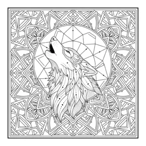 איור קווי, בשחור-לבן, המיועד לספר צביעה. במרכזו, זאב מיילל בתוך דפוס מנדלה גיאומטרי מורכב, עם ירח מלא הנראה מאחורי ראשו. הקווים בעלי מתאר מודגש, ללא הצללה.