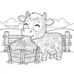 דף צביעה בשחור-לבן בקווי מתאר, המציג פרה אוכלת חציר בסביבת רפת, מוכן לצביעה.