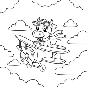 איור דף צביעה בקווי מתאר שחורים, המציג פרה מצוירת ושמחה, מרכיבה משקפי טייס, מטיסה מטוס קטן בעל מדחף דרך עננים מסוגננים.