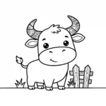 ציור קווי שחור של שור מצויר, מסוגנן ועליז, המתאים לספר צביעה מקצועי, המציג דוגמאות קטנות ומפורטות על קרניו.