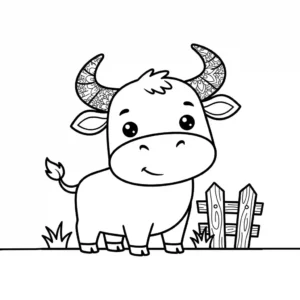 ציור קווי שחור של שור מצויר, מסוגנן ועליז, המתאים לספר צביעה מקצועי, המציג דוגמאות קטנות ומפורטות על קרניו.