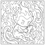 דף צביעה באמנות קו שחור של דמות להבה מואנשת ומפורטת, יושבת ומשתמשת בסמארטפון. איור לספרי צביעה למבוגרים ולילדים.