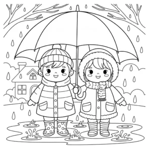 דף צביעה בקווי מתאר שחורים המציג שני ילדים בבגדי חורף חולקים מטריה בזמן שהם הולכים בגשם כבד ובשלוליות.