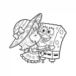 דף צביעה מפורט בקווי מתאר שחורים, המתאר את תותית מחבקת ומנשקת את בובספוג מכנסמרובע. האיור משתמש בקווי מתאר שחורים עבים ומתאים לצביעה.