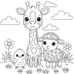 איור קווי בשחור-לבן, המיועד לספר צביעה, המציג ג'ירפה ידידותית, כבשה ואפרוח העומדים יחד בסביבה פסטורלית פשוטה. פרטים בניגודיות גבוהה וללא הצללה.