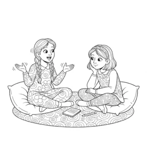 דף צביעה בקווי מתאר שחורים, המציג שתי ילדות יושבות על כריות. ילדה אחת מספרת סיפור מפורט לחברתה הקשובה, תוך שימוש פעיל במחוות מאורגנות.