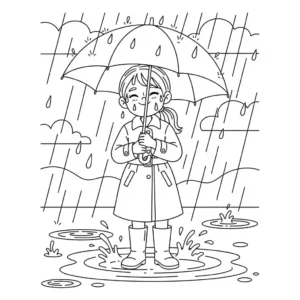 איור קווים בשחור-לבן של ילדה צעירה במעיל גשם, מחזיקה מטריה פתוחה ועומדת בגשם, מיועד לספר צביעה בעל ניגודיות גבוהה.