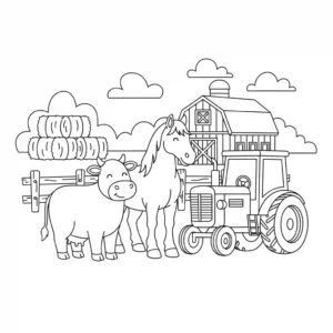 ציור קו פשוט בשחור של פרה וסוס ידידותיים עומדים ליד טרקטור חווה בסביבה כפרית, מושלם לספר צביעה לילדים.