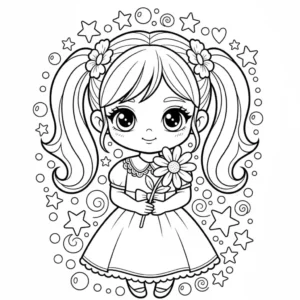 דף צביעה באמנות קו שחור ובניגודיות גבוהה, המציג ילדה מסוגננת בשם נוגה, שעוצב עם קווי מיתאר עבים ושטח מילוי נקי.