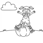 דף צביעה בשחור-לבן בסגנון קווי, המציג ילדה קטנה וגחמנית מחליקה בשמחה על גלגיליות על פלפל פעמון ענק (פלפלת). קווי מתאר מודגשים וניגודיות גבוהה, מתאים להדפסה ולצביעה.