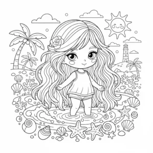 איור קווי בשחור-לבן של ילדה עם שיער ארוך על שפת הים, המיועד לדף צביעה.