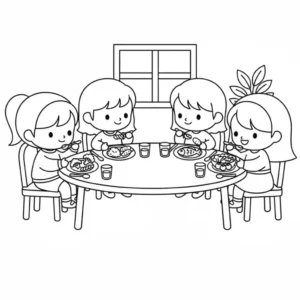 איור קווי בשחור-לבן של ילדים יושבים סביב שולחן ואוכלים ארוחת ערב, מיועד לספר צביעה לילדים.