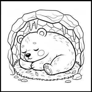 דף צביעה בקווי מתאר שחורים של דוב ישן בתוך מערת סלע מפורטת.