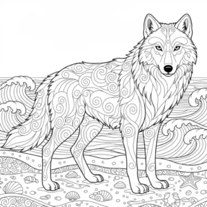 איור קווי בשחור-לבן של זאב עומד על חוף ים חולי עם גלי אוקיינוס, מעוצב כדף צביעה להדפסה.