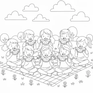 דף צביעה בקווי מתאר שחורים של ילדים שמחים האוכלים פלחי אבטיח בפיקניק.
