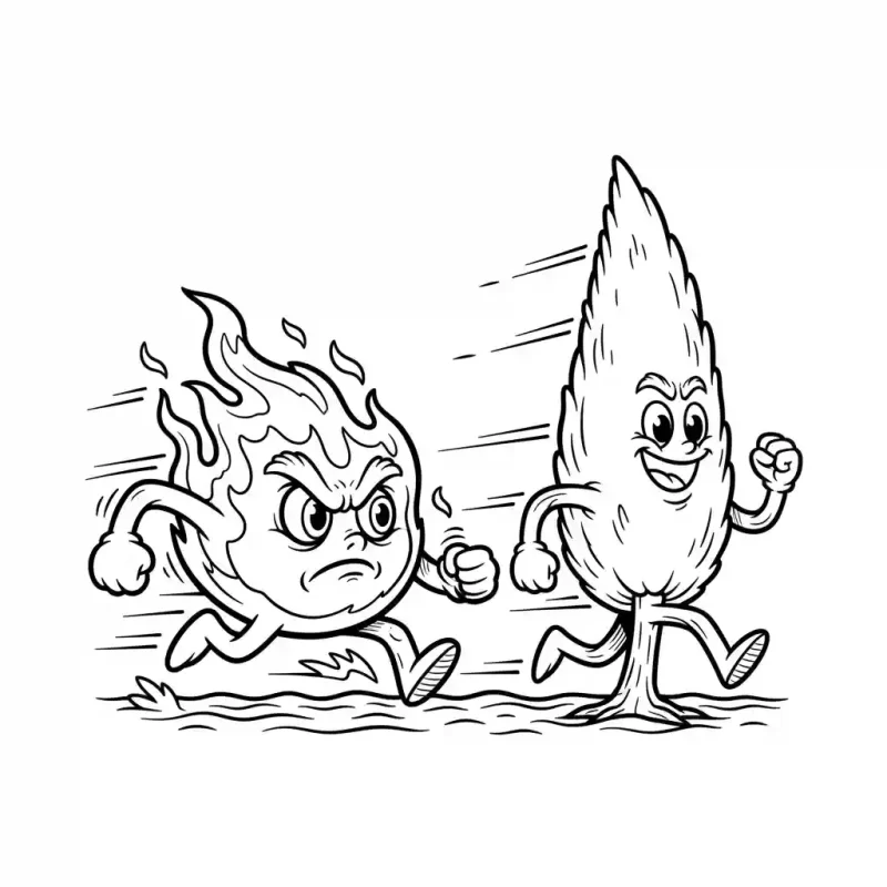 דף צביעה: להבה כועסת רודפת אחר עץ ברוש צוחק ⚡ דף בצבע